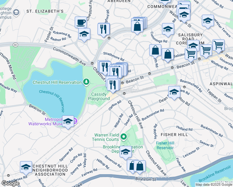 map of restaurants, bars, coffee shops, grocery stores, and more near 420 Chestnut Hill Avenue in Brookline