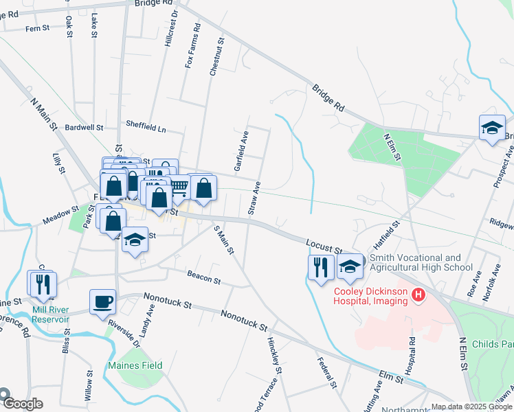 map of restaurants, bars, coffee shops, grocery stores, and more near 213 Locust Street in Northampton