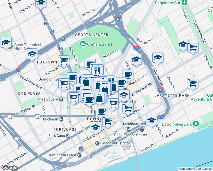 map of restaurants, bars, coffee shops, grocery stores, and more near 225 Gratiot Avenue in Detroit