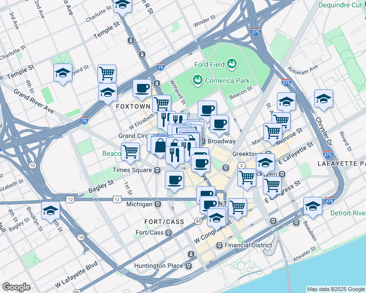 map of restaurants, bars, coffee shops, grocery stores, and more near 1450 Washington Boulevard in Detroit