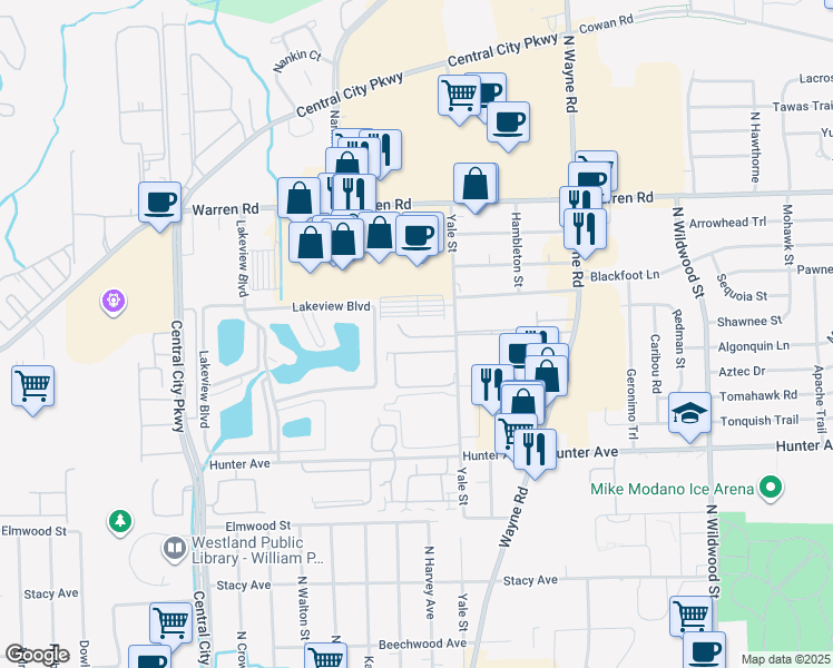 map of restaurants, bars, coffee shops, grocery stores, and more near 6617 Yale Street in Westland