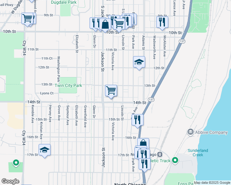 map of restaurants, bars, coffee shops, grocery stores, and more near 1333 Victoria Avenue in North Chicago