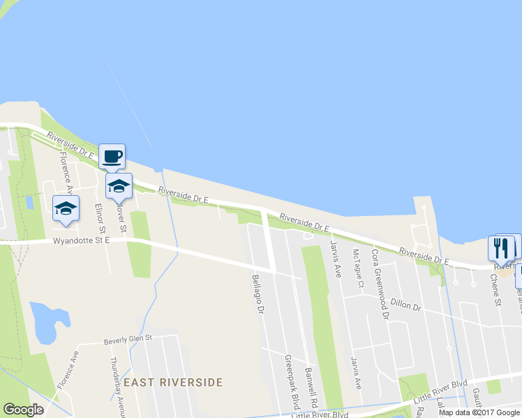map of restaurants, bars, coffee shops, grocery stores, and more near 11166 Riverside Drive East in Windsor