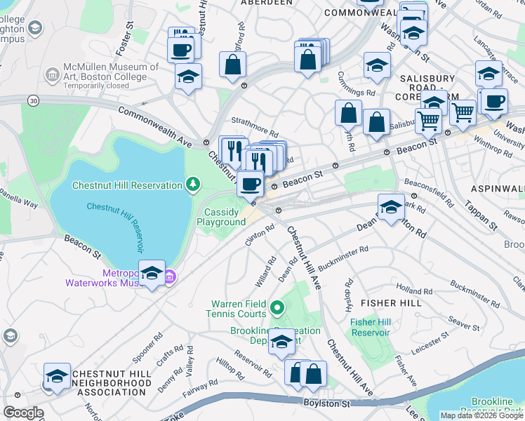 map of restaurants, bars, coffee shops, grocery stores, and more near 420 Chestnut Hill Avenue in Brookline