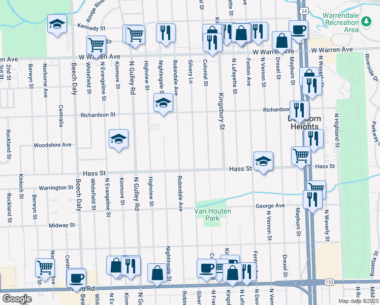map of restaurants, bars, coffee shops, grocery stores, and more near 6475 North Silvery Lane in Dearborn Heights
