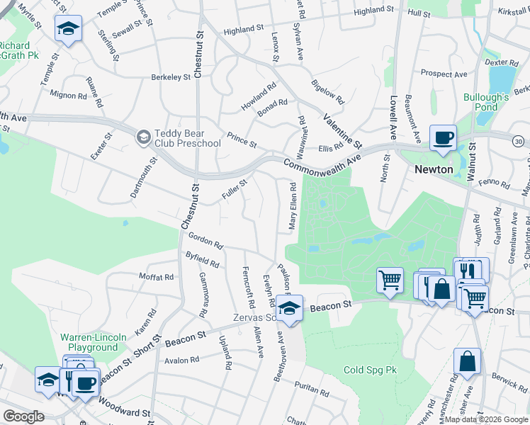 map of restaurants, bars, coffee shops, grocery stores, and more near 35 Helene Road in Newton