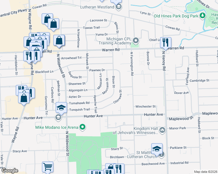 map of restaurants, bars, coffee shops, grocery stores, and more near 6771 Bison Street in Westland