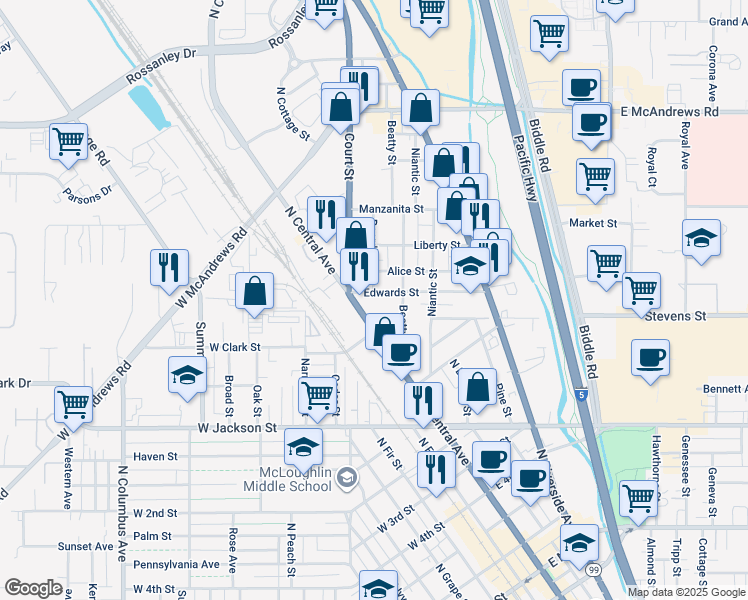 map of restaurants, bars, coffee shops, grocery stores, and more near 300 Edwards Street in Medford