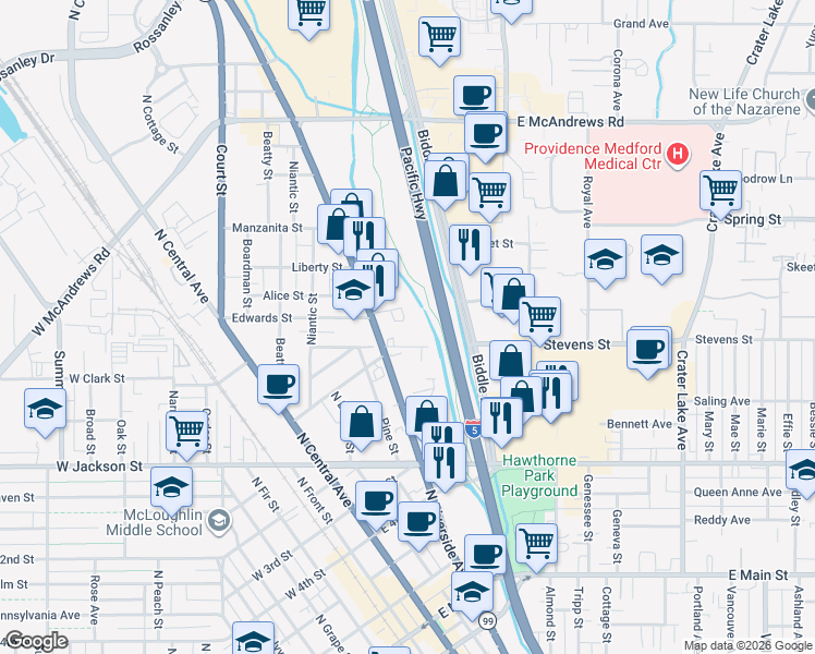 map of restaurants, bars, coffee shops, grocery stores, and more near Austin Street in Medford