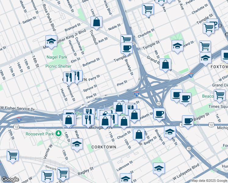 map of restaurants, bars, coffee shops, grocery stores, and more near 2521 Trumbull Avenue in Detroit