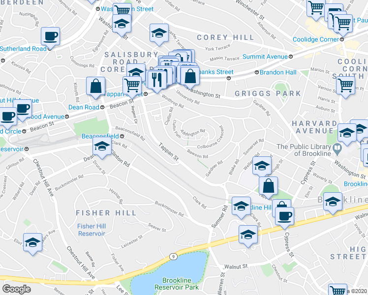 map of restaurants, bars, coffee shops, grocery stores, and more near Rawson Rd & Colbourne Crescent in Brookline