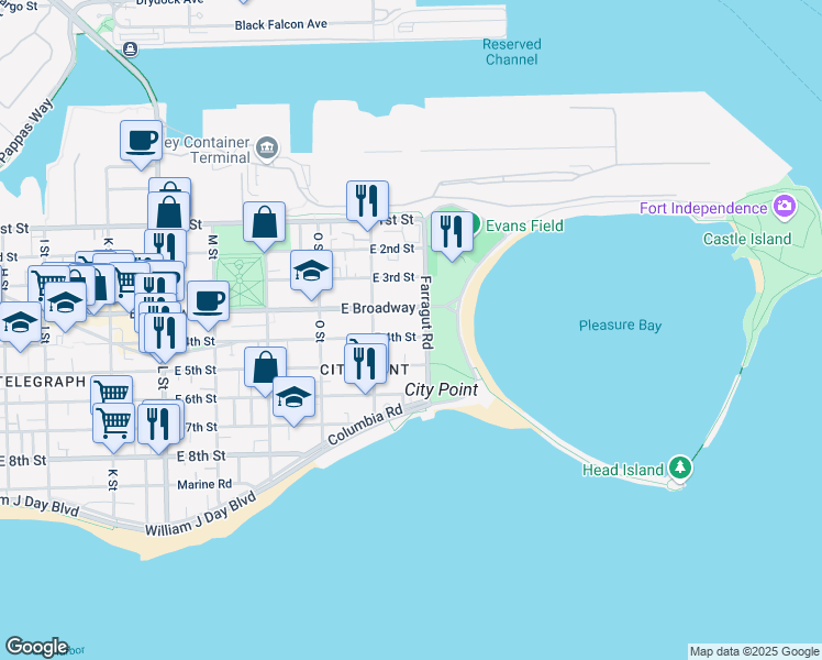 map of restaurants, bars, coffee shops, grocery stores, and more near 109 Farragut Road in Boston