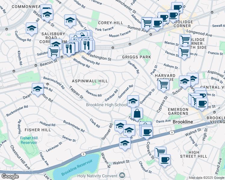 map of restaurants, bars, coffee shops, grocery stores, and more near 171 Gardner Road in Brookline