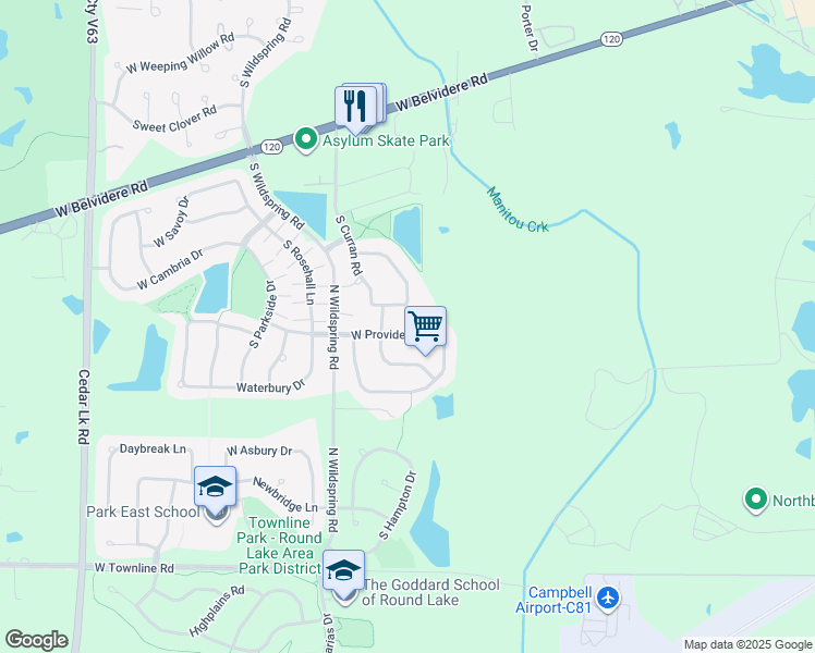 map of restaurants, bars, coffee shops, grocery stores, and more near 73 West Providence Lane in Round Lake