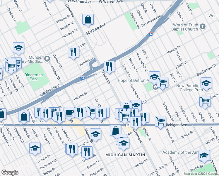 map of restaurants, bars, coffee shops, grocery stores, and more near 6351 Pelouze Street in Detroit