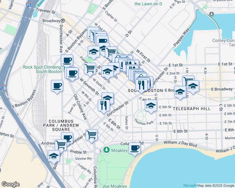 map of restaurants, bars, coffee shops, grocery stores, and more near 256 West Sixth Street in Boston