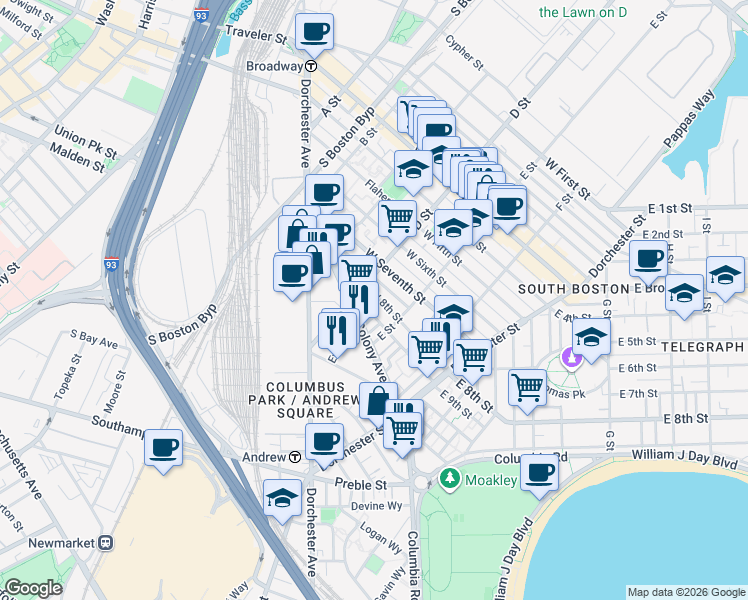 map of restaurants, bars, coffee shops, grocery stores, and more near 188 E Street in Boston