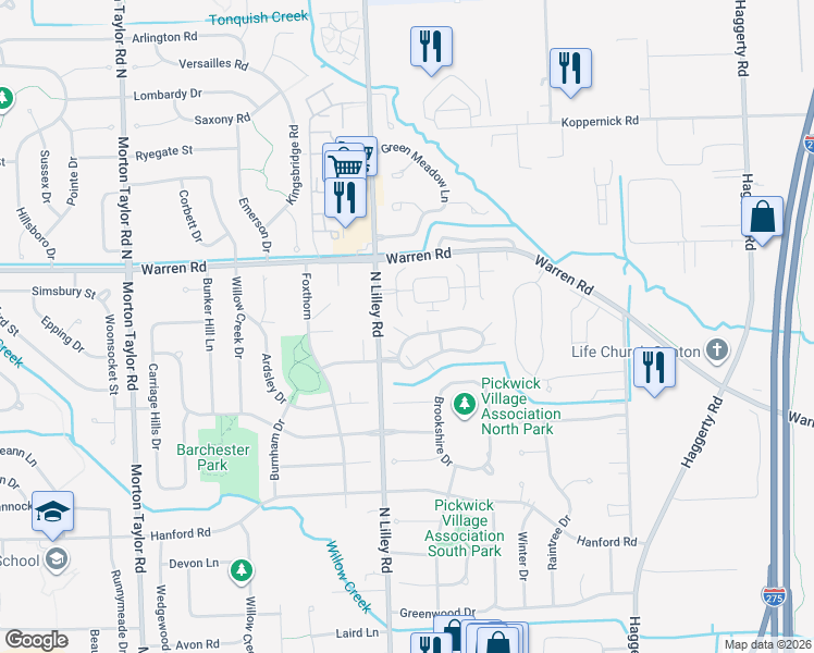 map of restaurants, bars, coffee shops, grocery stores, and more near 42342 Saratoga Circle in Canton
