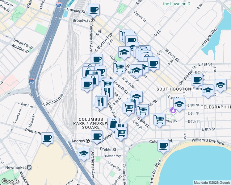 map of restaurants, bars, coffee shops, grocery stores, and more near 188 E Street in Boston
