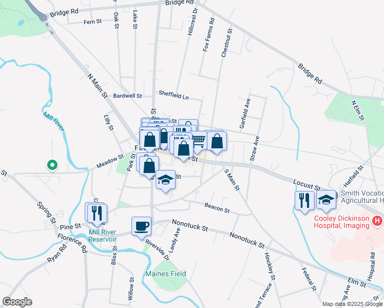 map of restaurants, bars, coffee shops, grocery stores, and more near 32 Main Street in Northampton