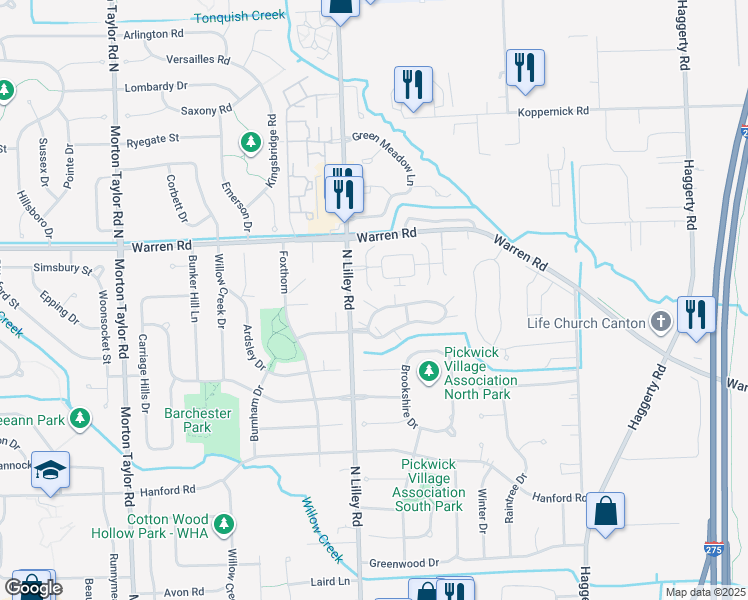map of restaurants, bars, coffee shops, grocery stores, and more near 42262 Saratoga Circle in Canton