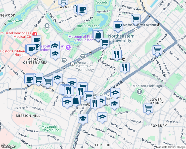 map of restaurants, bars, coffee shops, grocery stores, and more near 30 Annunciation Road in Boston