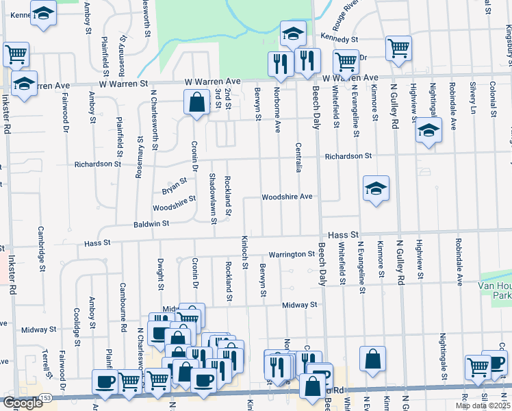 map of restaurants, bars, coffee shops, grocery stores, and more near 6459 Berwyn Street in Dearborn Heights