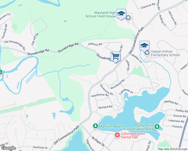 map of restaurants, bars, coffee shops, grocery stores, and more near 9 Ravine Road in Wayland
