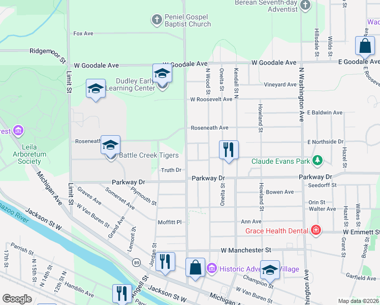 map of restaurants, bars, coffee shops, grocery stores, and more near 242 Hubbard Street in Battle Creek