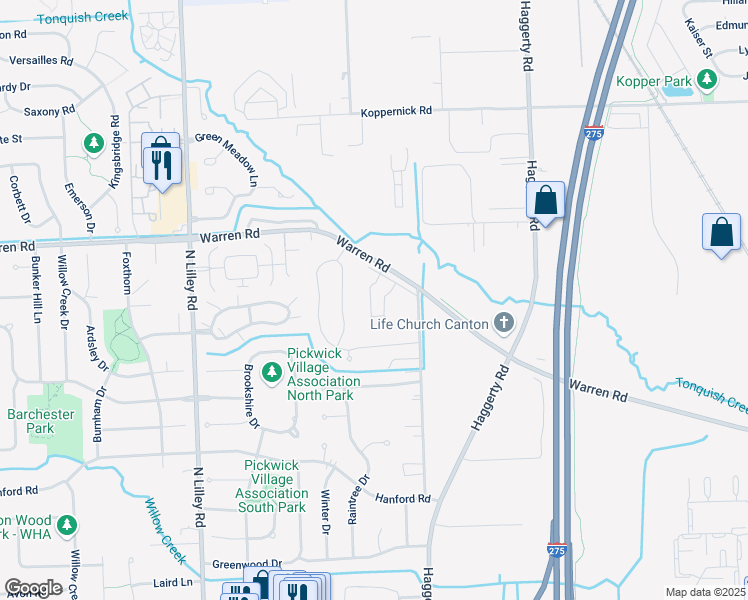 map of restaurants, bars, coffee shops, grocery stores, and more near 7042 Copper Creek Circle in Canton