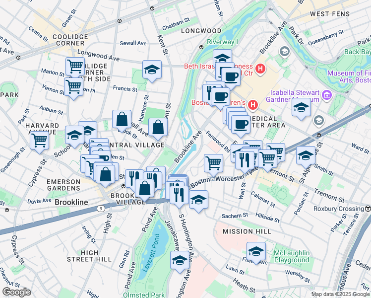 map of restaurants, bars, coffee shops, grocery stores, and more near 7 Parkway Road in Brookline