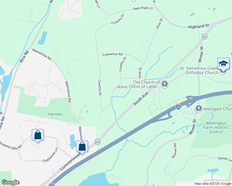 map of restaurants, bars, coffee shops, grocery stores, and more near 64 Country Drive in Weston