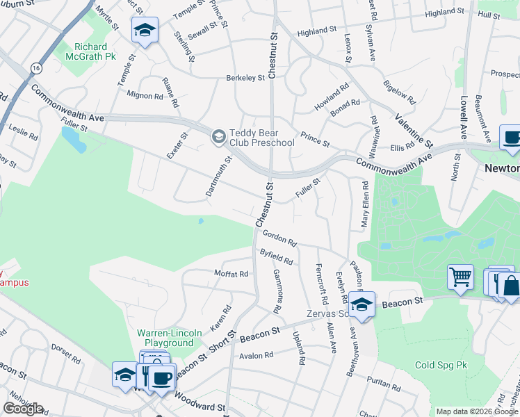 map of restaurants, bars, coffee shops, grocery stores, and more near 443 Chestnut Street in Newton