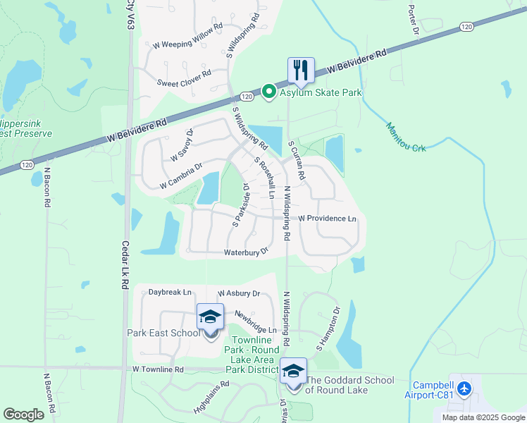 map of restaurants, bars, coffee shops, grocery stores, and more near 746 Waterbury Drive in Round Lake