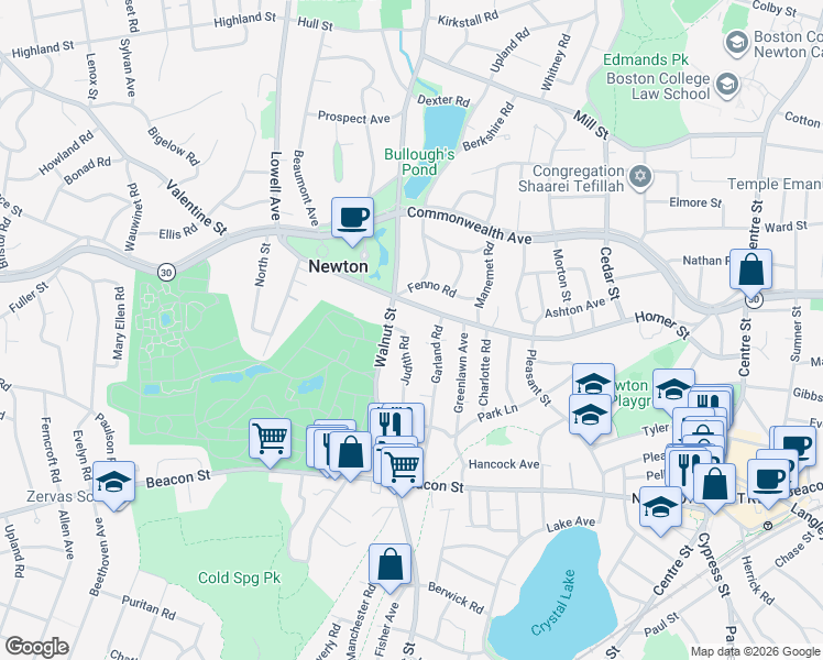 map of restaurants, bars, coffee shops, grocery stores, and more near 28 Judith Road in Newton
