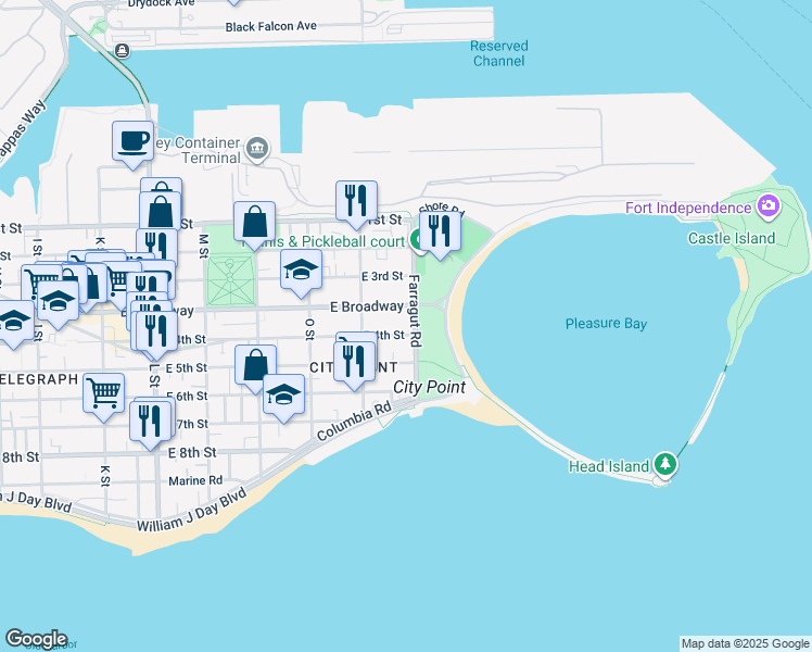 map of restaurants, bars, coffee shops, grocery stores, and more near 109 Farragut Road in Boston