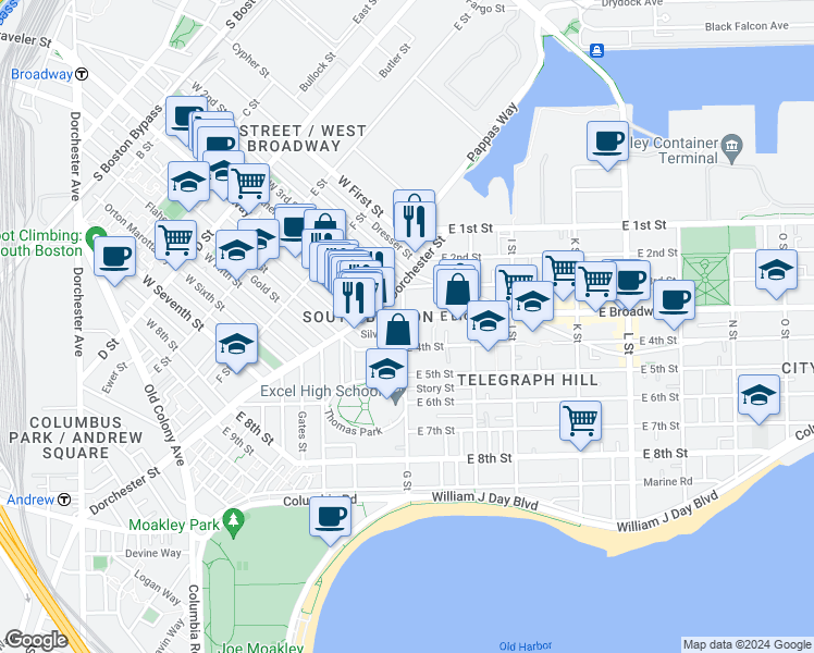 map of restaurants, bars, coffee shops, grocery stores, and more near 43 G Street in Boston