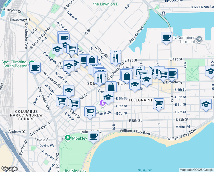 map of restaurants, bars, coffee shops, grocery stores, and more near 43 G Street in Boston