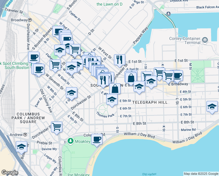 map of restaurants, bars, coffee shops, grocery stores, and more near 475 East 4th Street in Boston
