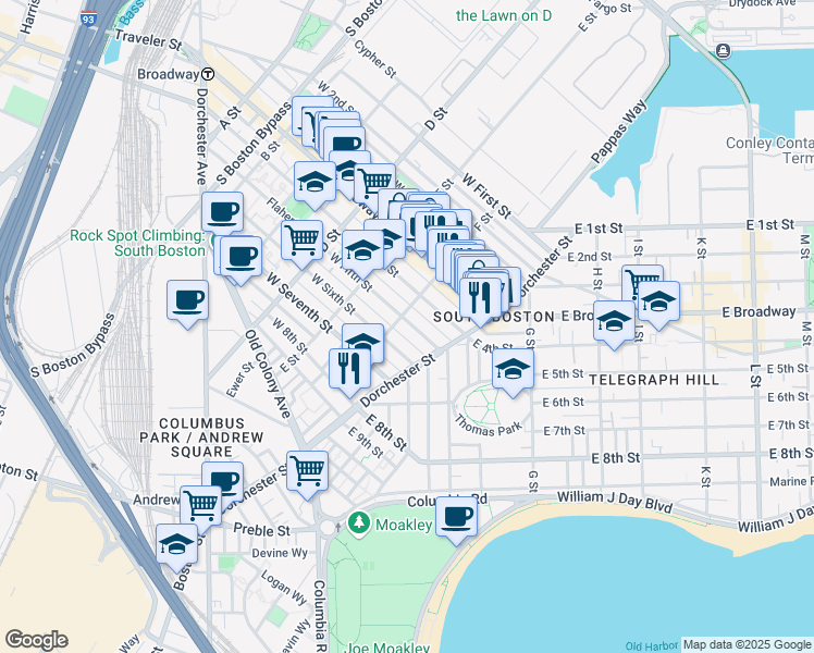 map of restaurants, bars, coffee shops, grocery stores, and more near 256 West Sixth Street in Boston