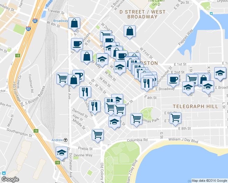 map of restaurants, bars, coffee shops, grocery stores, and more near 52 F Street in Boston