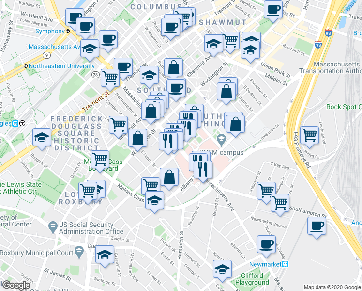 map of restaurants, bars, coffee shops, grocery stores, and more near in Boston
