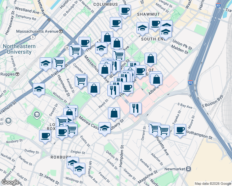 map of restaurants, bars, coffee shops, grocery stores, and more near 62-64 Northampton Street in Boston