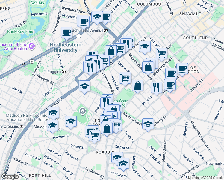 map of restaurants, bars, coffee shops, grocery stores, and more near in Boston