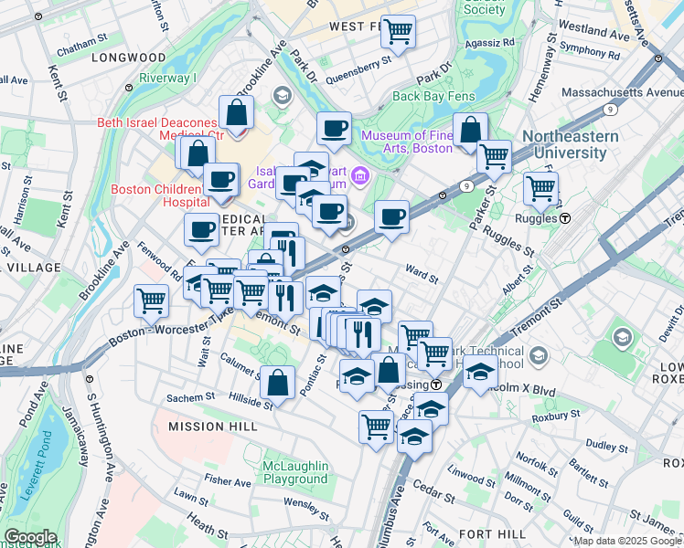 map of restaurants, bars, coffee shops, grocery stores, and more near in Boston