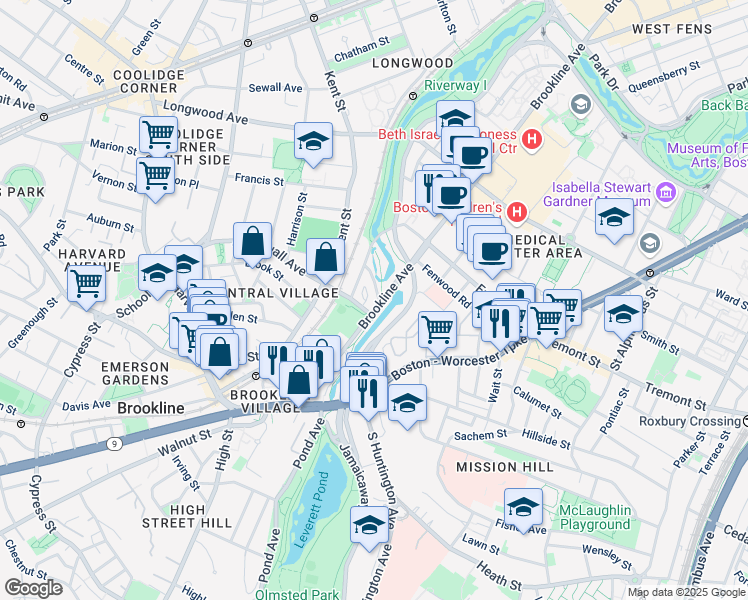 map of restaurants, bars, coffee shops, grocery stores, and more near in Brookline