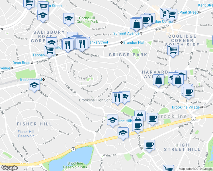 map of restaurants, bars, coffee shops, grocery stores, and more near 171 Gardner Road in Brookline