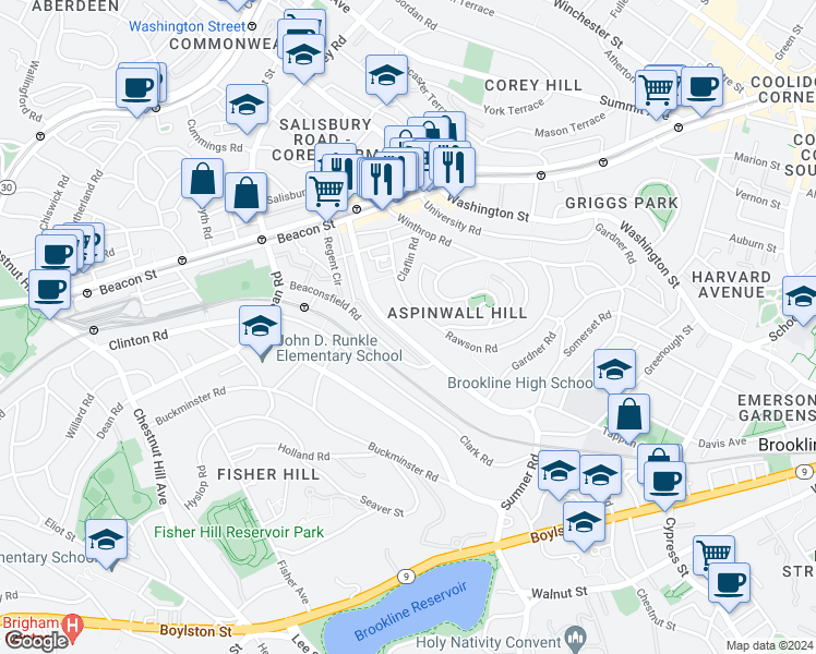 map of restaurants, bars, coffee shops, grocery stores, and more near 246 Tappan Street in Brookline