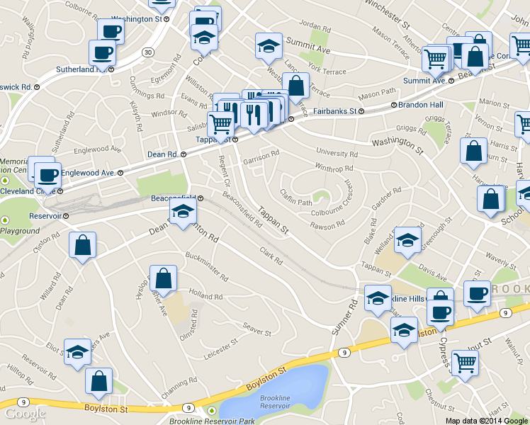 map of restaurants, bars, coffee shops, grocery stores, and more near 46 Beaconsfield Road in Brookline