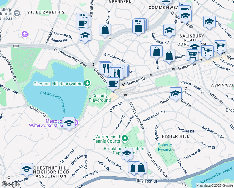 map of restaurants, bars, coffee shops, grocery stores, and more near 420 Chestnut Hill Avenue in Brookline